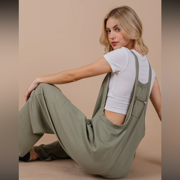 Boho Yarn dye striped sleeveless casual romper Olive Green Jumpsuit - Picture 3 of 7